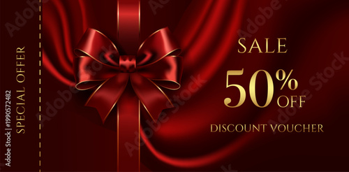 Elegant vector discount voucher with a red satin bow on a draped fabric background. Perfect for sales, promotions, and gift certificates.