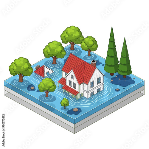Floodwaters surround a house with trees and a small building on a submerged landscape.