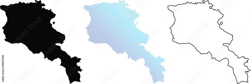 Fototapeta premium Set of Armenia map designs featuring a solid black silhouette, a blue gradient digital square pattern, and a clean black line outline on a white background.