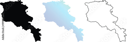 Set of Armenia map designs featuring a solid black silhouette, a blue gradient digital square pattern, and a clean black line outline on a white background.