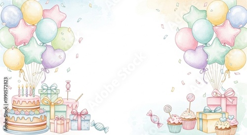 birthday card with cake and balloons