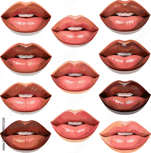 Create a realistic kinds of deferent Plump lips vector art with white background..