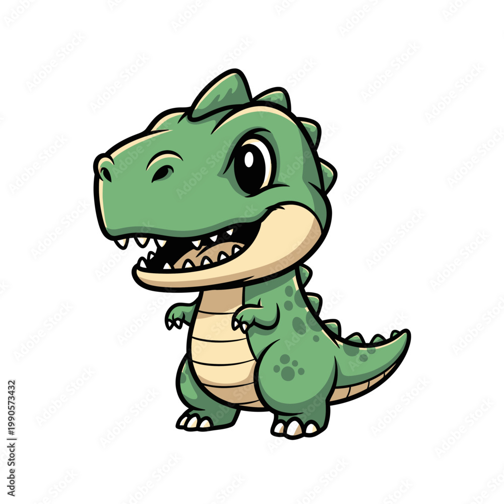 Fototapeta premium Cute green chibi dinosaur mascot illustration of a baby Tyrannosaurus Rex with large eyes, spiky back, and friendly open-mouth expression, isolated on a white background.
