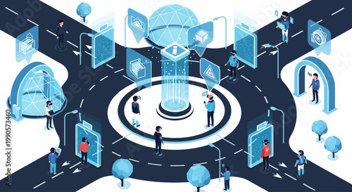 Futuristic smart city roundabout with holographic displays and people interacting with technology.