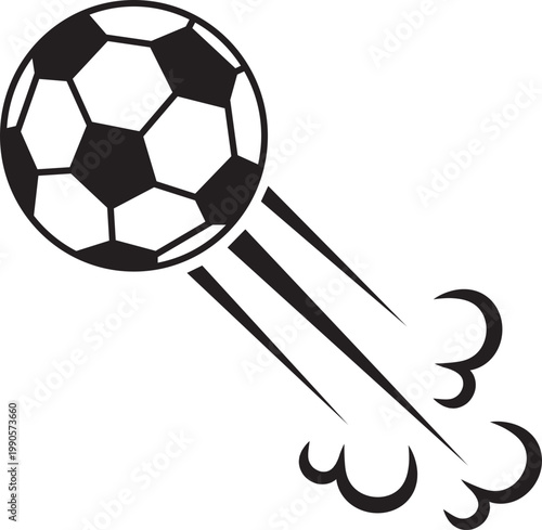 Flying soccer ball with motion speed lines icon in black flat style. Football illustration, dynamic sport action concept, vector for game, goal, competition theme isolated on transparent background.
