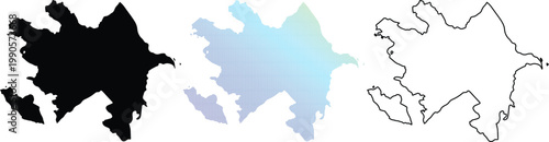 Set of Azerbaijan Map Silhouettes Including Black Solid, Blue Gradient Dotted Pattern and Outline Versions for Travel and Geography Design Projects