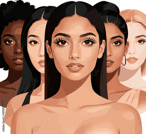 Create a realistic kinds of deferent woman with beautiful eyelashes vector art with white background..