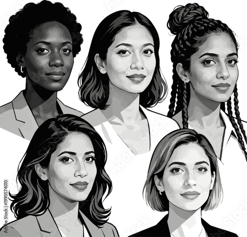 Create a realistic kinds of deferent Women in their 30s - Toner vector art silhouette with white background.