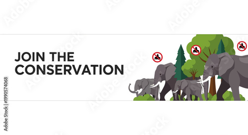 A herd of elephants walking through the forest in a conservation awareness banner.