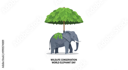 An illustration of an elephant protected by a giant tree umbrella for wildlife conservation.