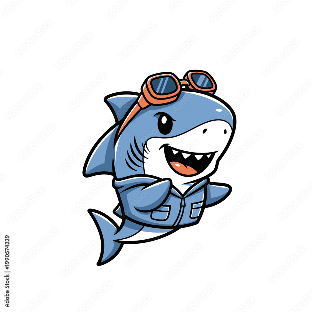 Fototapeta premium Cute Chibi Shark Mascot Character Wearing a Blue Vest and Pilot Goggles, Smiling Cartoon Great White Shark Illustration Isolated on White Background for Branding and Design