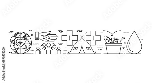 Humanitarian aid and disaster relief icons illustration in thin line style.