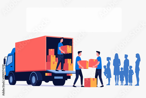 Volunteers unloading humanitarian aid boxes from a delivery truck for people in need.