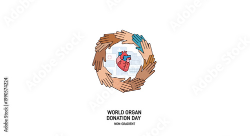 World Organ Donation Day concept with diverse hands forming a circle around a human heart.