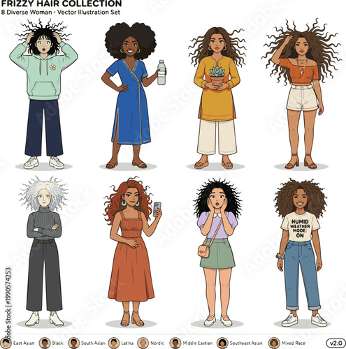 Create a realistic kinds of deferent Women whose hair gets frizzy in humid weather vector art with white background..