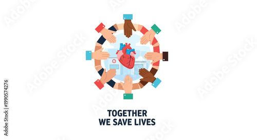 Diverse Hands Unite Around Human Heart Symbolizing Together We Save Lives.