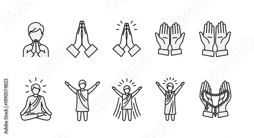 Collection of prayer and meditation icons in line art style.