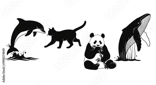 Collection of Diverse Animals Dolphin Cat Panda Whale Silhouettes.