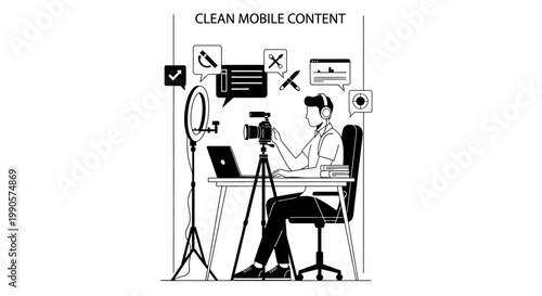 Content Creator Filming with Professional Equipment at Desk.