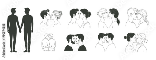 Lgbtq elements Diverse couples showing love, romance and inclusion.