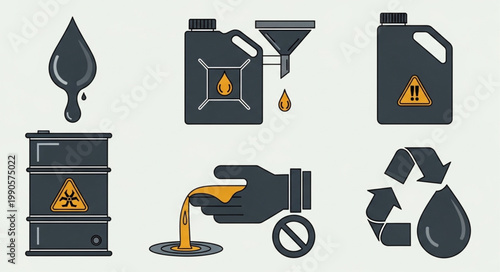 Collection of icons representing oil and hazardous waste management.