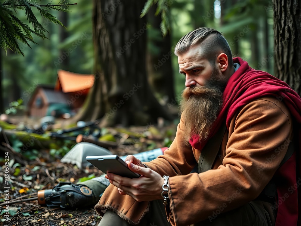 Fototapeta premium Bearded warrior deep in thought with tablet, temporary forest base secured by comrade, woodland, soldier