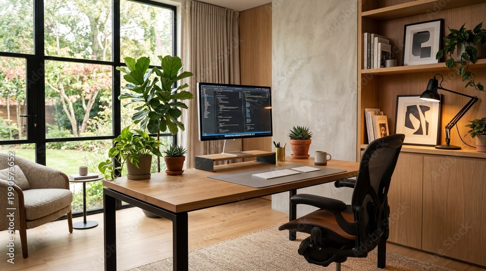 Fototapeta premium Home Office with Computer Screen and Various Plants in a Modern Interior Workspace