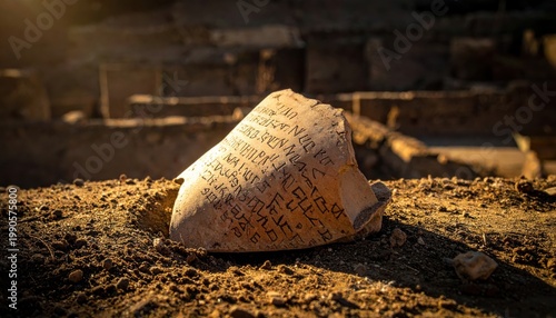 Fragmented ancient pottery vessel with indecipherable script partially unearthed from historic excavation site