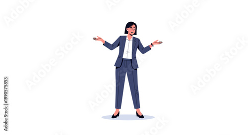 Confident Businesswoman in Suit Standing and Gesturing with Open Arms, Professional Female Entrepreneur Explaining or Presenting Concept Vector Illustration