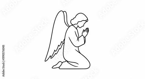 Serene praying angel line drawing silhouette with gentle wings, kneeling in devotion as a spiritual illustration