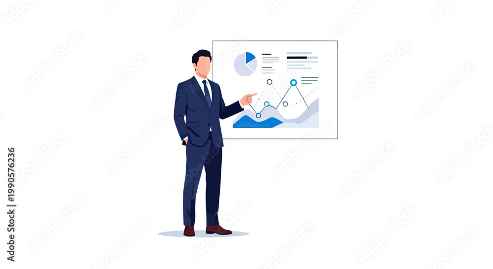 Obraz premium Professional Businessman Presenting Data Analysis and Financial Growth Statistics on a Digital Dashboard