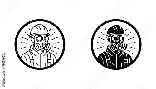 Industrial worker in protective gear and gas mask icon set with circular border in line art and solid black silhouette styles for construction and safety projects isolated on white background