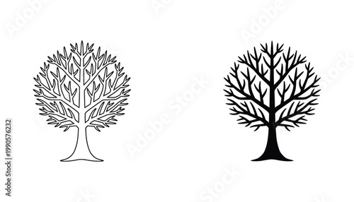 Stylized deciduous tree icon set featuring detailed branches and trunk in line art and solid black silhouette variations for nature and environmental designs isolated on white background