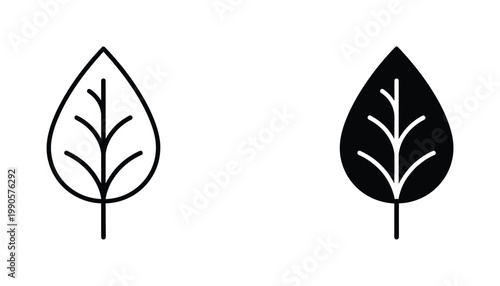 Minimalist leaf icon set featuring simple line art and solid black silhouette variations for nature and ecology design projects isolated on white background