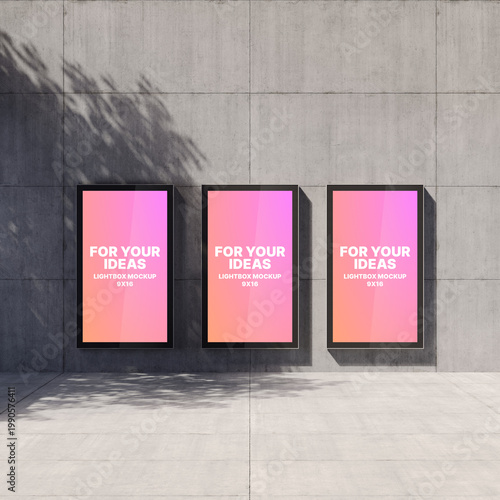 Three vertical advertising billboards hang on a concrete wall. Advertising space. 3D rendering