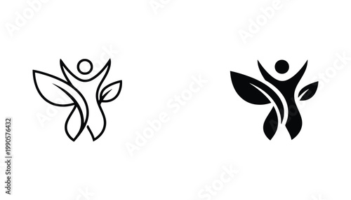Human figure with leaf growth icon set representing health wellness and environmental harmony in clean vector style