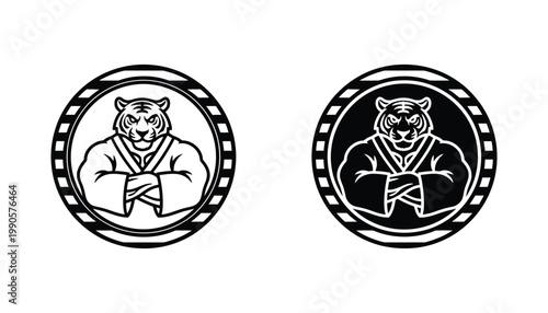 Tiger warrior head in martial arts uniform circular emblem vector illustration with bold black and white line art and solid variants