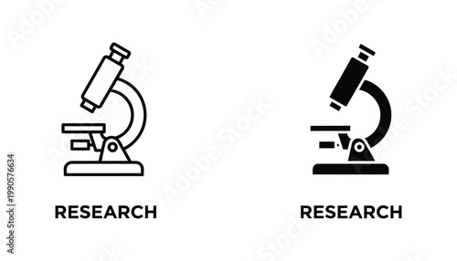 Microscope research equipment icon set in outline and solid black vector styles for laboratory scientific study and academic project branding