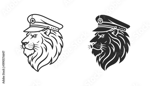 Lion head wearing military officer hat icon set in outline and solid black vector styles for leadership and authority concept graphic design
