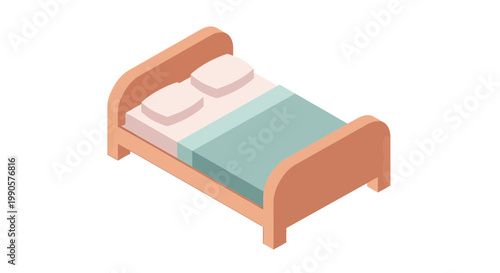 Isometric Double Bed Vector Illustration with Two Pillows and Teal Blanket for Bedroom Furniture and Interior Design