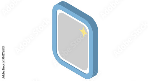 Isometric blue mirror icon with reflective surface and sparkle, isolated on white background, 3D vector illustration for bathroom or dressing room interior design