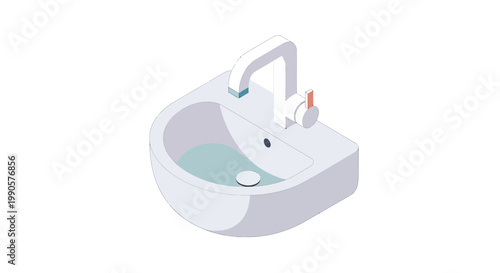 Isometric Modern White Ceramic Bathroom Sink with Water and Faucet Tap