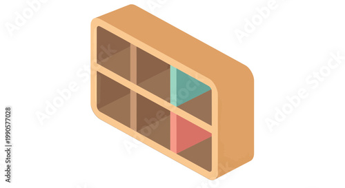 Isometric 3D Wooden Cubby Shelf Storage Unit for Home or Office Organization Vector Illustration