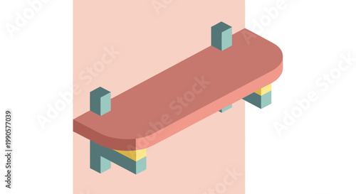 Isometric Vector Illustration of a Modern Skateboard with Red Deck and Teal Wheels on Pastel Background