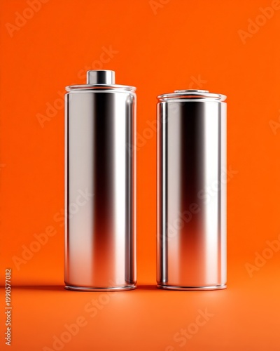 Two metallic batteries on a vibrant orange background.