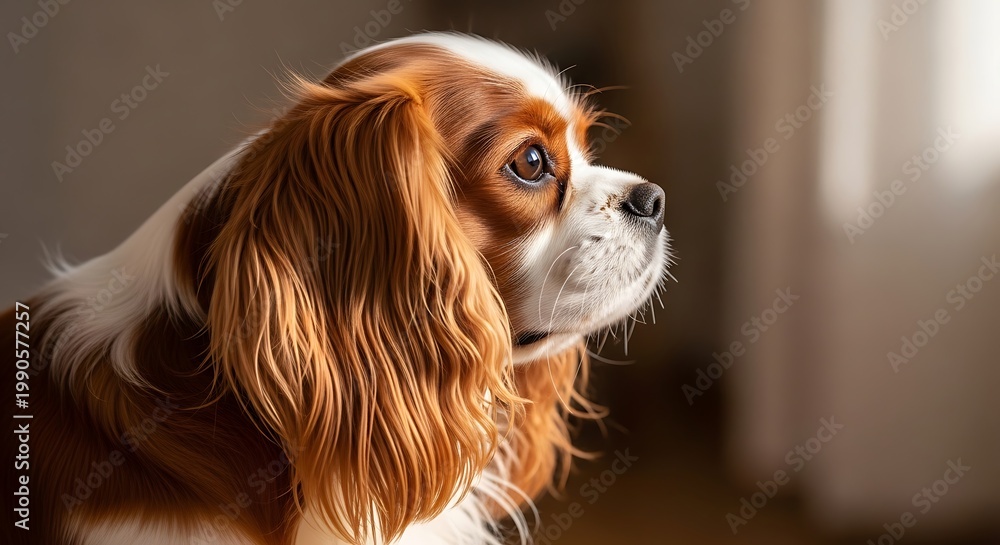 Naklejka premium Close-up of a Cavalier King Charles Spaniel with distinctive brown and white coat