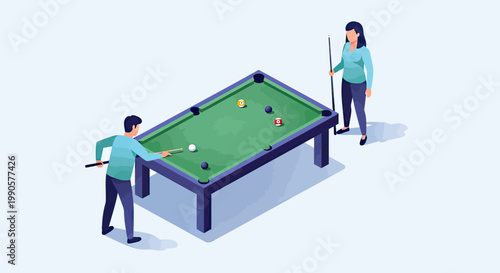 Isometric People Playing Billiards or Pool on Green Table with Cue Sticks