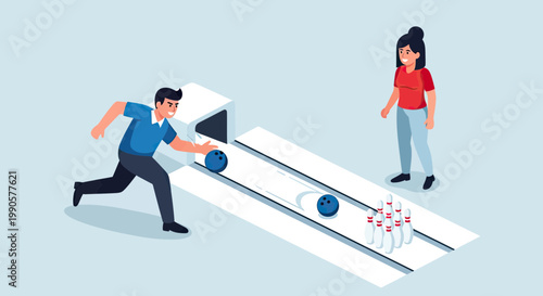 Isometric Illustration of a Young Man Throwing a Bowling Ball in an Alley with a Friend Watching