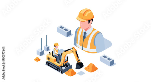 Isometric Construction Site Illustration with Excavator Operator and Professional Engineer wearing Safety Vest and Hard Hat for Building Project
