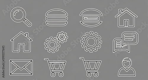 Collection of Website Icons and Symbols on Gray Background.